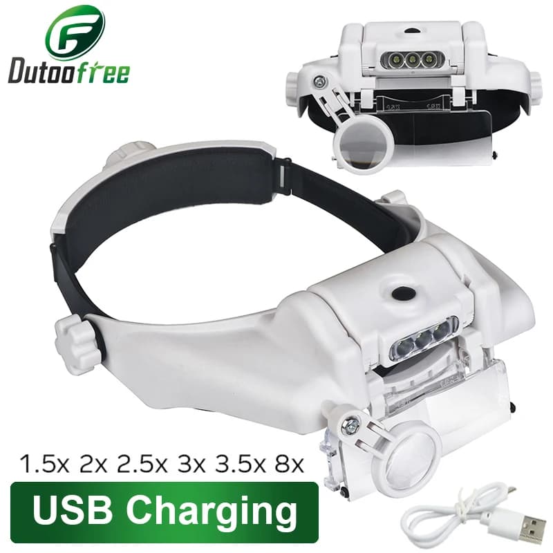 Loupe de lunettes Rechargeable USB, outil de réparation d'horloger, Loupe de lunettes, Loupe de bandeau LED 1.5x 2x 2.5x 3x 3.5x 8