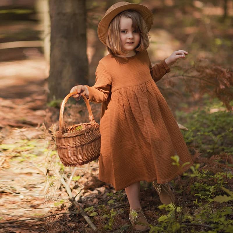 Robe d'automne rétro 100% coton pour filles, tenue décontractée et confortable à manches longues avec boutons, vêtements pour enfants, TZ62,
