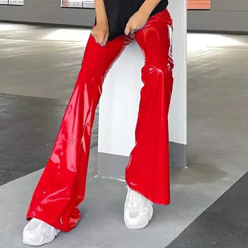 Pantalon évasé taille haute en Faux Latex pour femmes, Slim, en cuir verni, à cloche, Vintage, en PU, Clubwear personnalisé