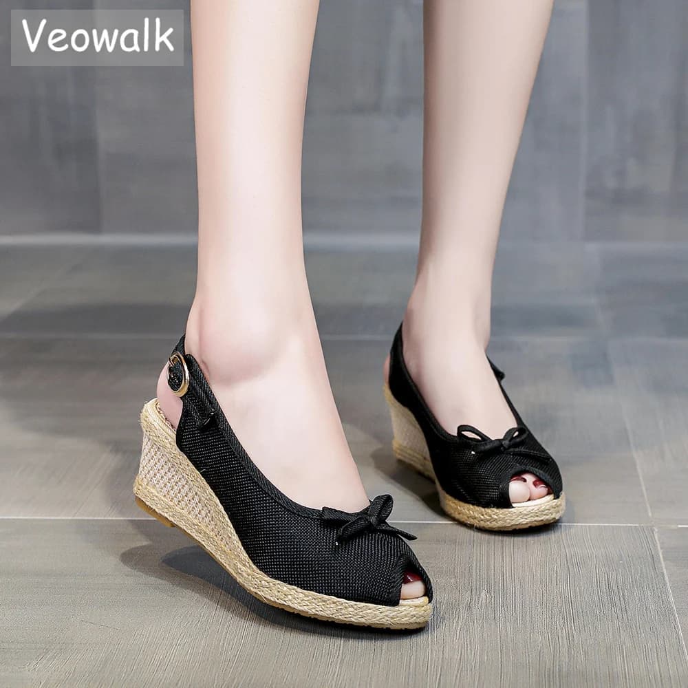 Veowalk-Espadrilles en lin Peep Parker faites à la main pour femmes, sandales à bride arrière, talon compensé de 6cm, chaussures d'été unies
