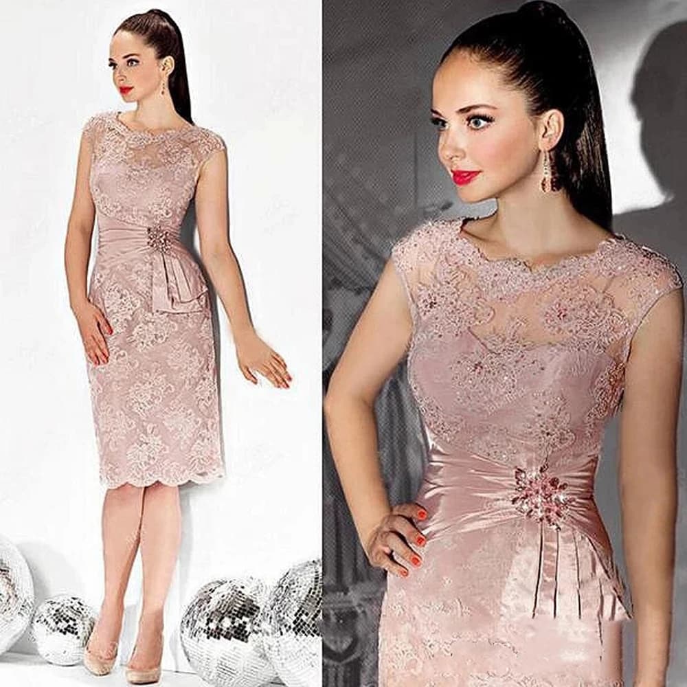 Robes de mère de la mariée rose poussiéreux, manches courtes, longueur genou, robe d'invité de fête de mariage, perles de dentelle, soirée, quoi
