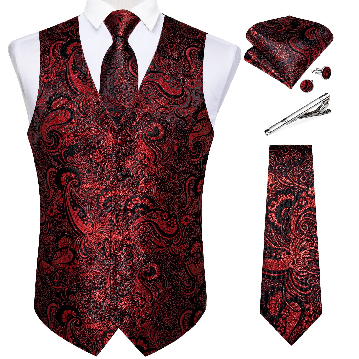 Nouvel ensemble gilet et cravate pour homme, costume de cérémonie, gilet de mariage en satin rouge bordeaux, veste sans manches décontractée
