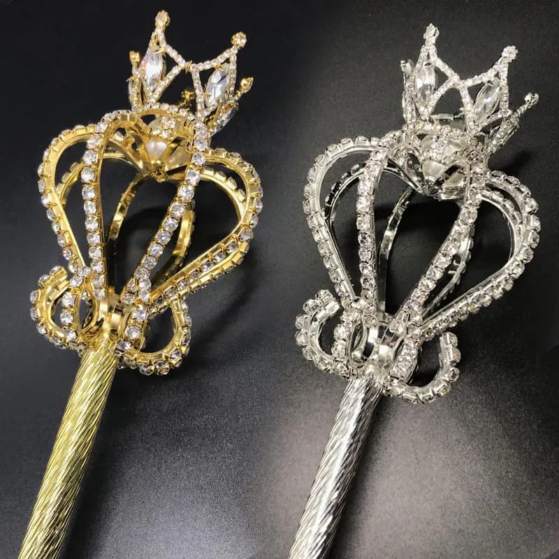 Baguette de sceptre en cristal, diadèmes et couronnes de couleur or/argent, roi reine, Costumes de fête de concours de mariage, accessoires