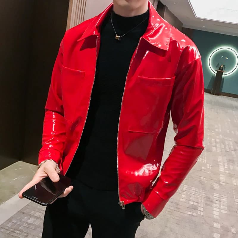 Veste en cuir brillant Costume de scène pour hommes Rouge Noir Marron Discothèque Club Veste en cuir pour hommes Couleur unie Slim Veste pour hommes