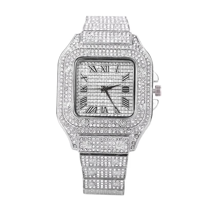 Montre-bracelet à quartz de luxe pour hommes et femmes, horloge romaine, carré, diamant, chiffres noirs, Hip Hop, glacé, nouveau