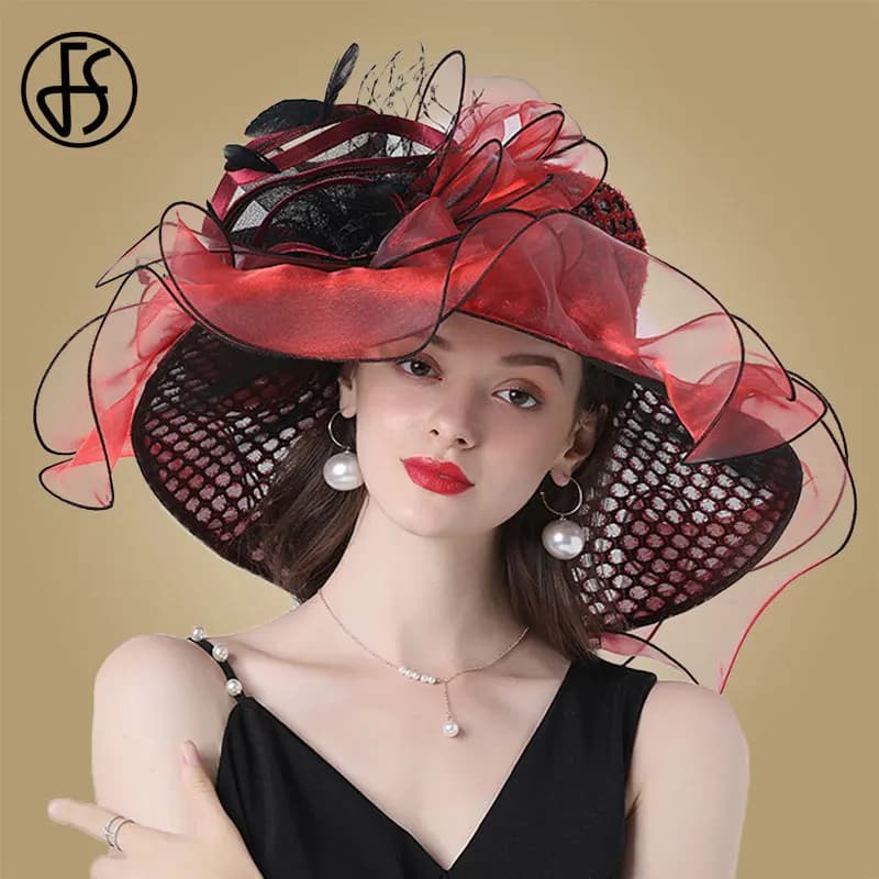 FS femmes Organza rouge chapeaux mariage Fascinators élégant grand bord large Fedora Kentucky Derby chapeaux fête formelle église dames chapeau