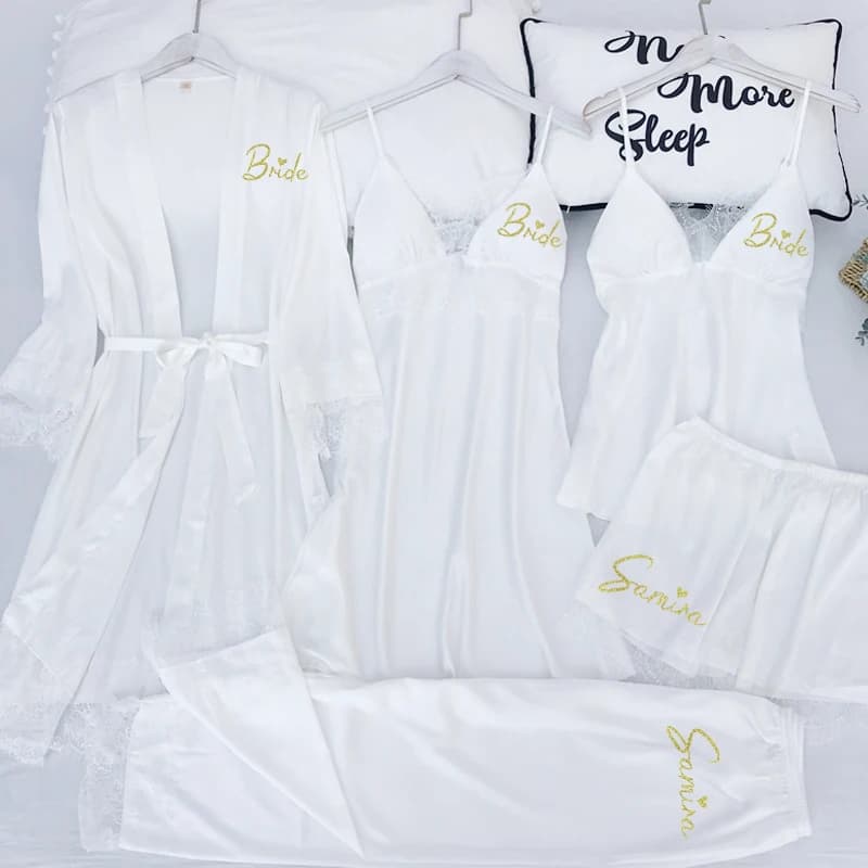Nom personnalisé femmes Kimono peignoir mariée demoiselle d'honneur Robe de mariée ensemble dentelle garniture vêtements de nuit décontracté