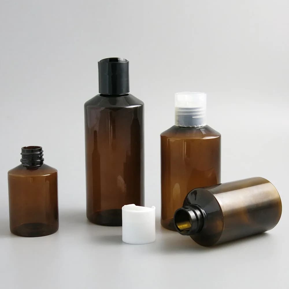 50 ml 100 ml 150 ml 200 ml pente d'épaule ambre PET crème en plastique bouteilles de soins de la peau pour shampooing bouchon de disque 5OZ marron