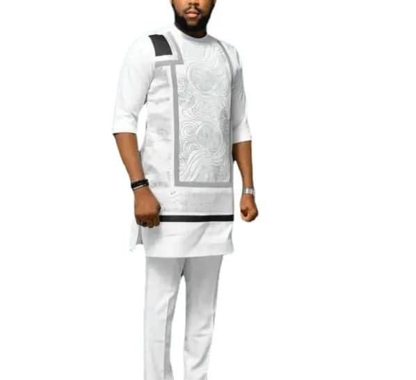 Blanc Polyester Africain Hommes À Manches Courtes O-cou Plus La Taille Deux Pièces Ensembles Haut Et Pantalon Dashiki Africain Hommes Vêtements