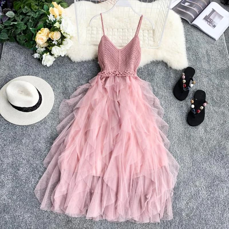 Robe d'été en tulle gaze pour femmes, 107, col en v, sexy, dos nu, longue, maille douce, rose, robe de soirée éducative