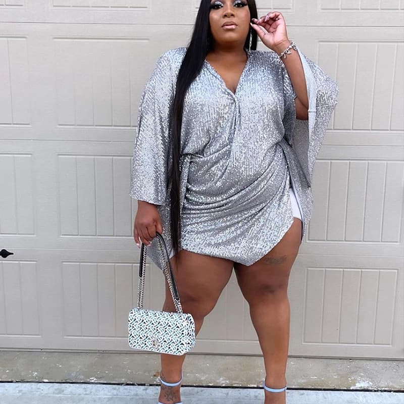 Mini robe argentée à sequins avec manches chauve-souris, robes de fête d'anniversaire, taille haute, col en V, sexy, grande taille, vente en gros,