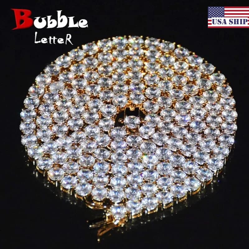 Collier chaîne tennis à lettres bulles, 1 rangée, en zircon, bijoux hip-hop, couleur or, en cuivre, pour homme, style rock, 18 pouces, 20 pouces