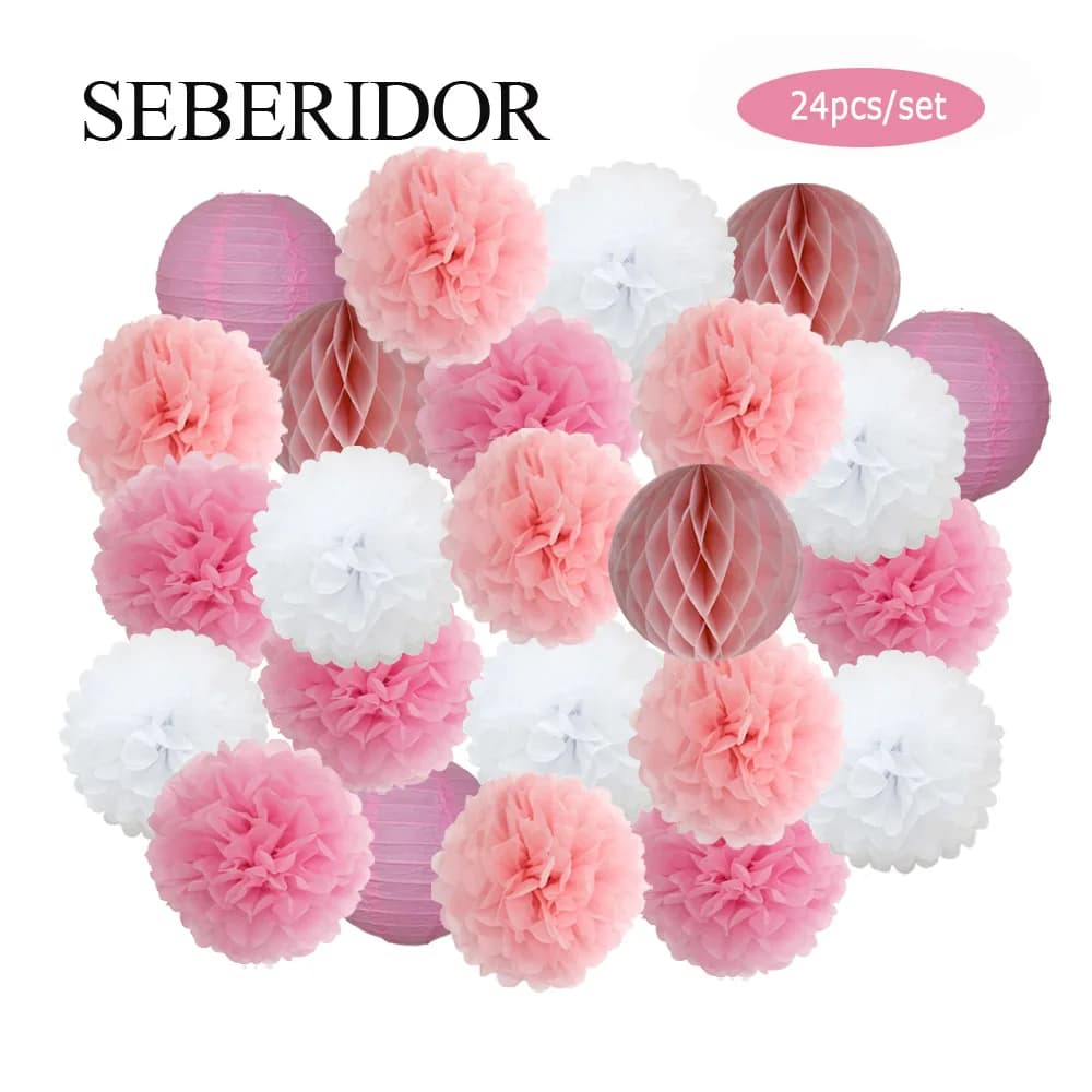 Lanternes en papier rondes roses et blanches pliables pour la fête du 1er anniversaire de bébé garçon ou fille, baptême, décoration de mariage,