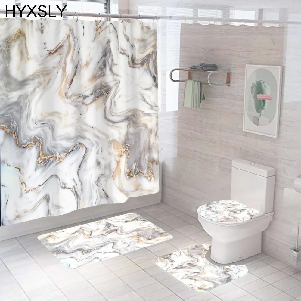 Rideau de douche en marbre blanc, luxe doré moderne avec tapis antidérapant, rideau de salle de bain imperméable en Polyester, décoration de