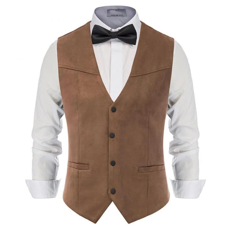 Gilet de costume en cuir suédé pour hommes, gilet occidental décontracté, veste sans manches à col en V, boutons Liny