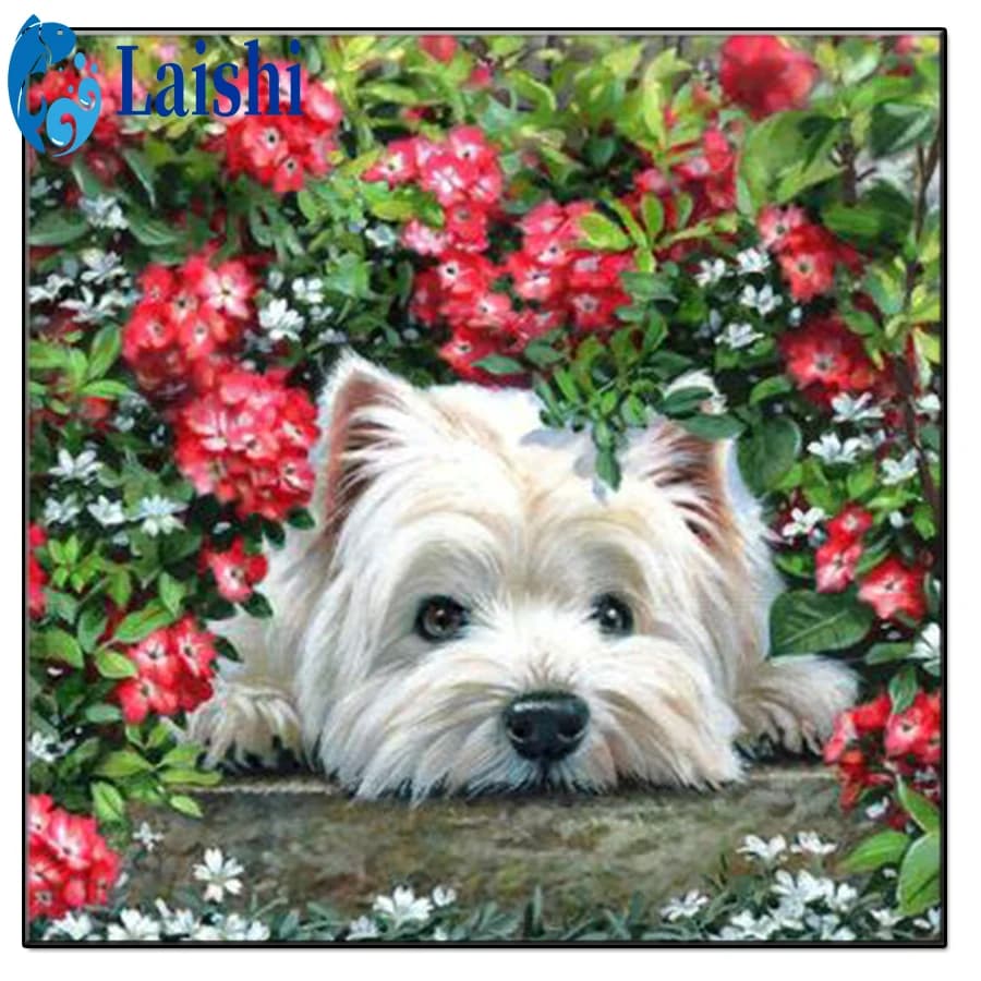 Terrier blanc et fleurs bricolage, décoration de jardin, peinture diamant, broderie diamant, nouvelle douzaine d'artisanat, décoration d'intérieur,