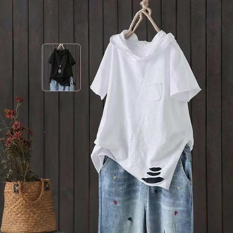 T-shirt à capuche pour femmes 2025 Original 95% coton été nouveau Style ample coton à manches courtes trou littéraire décontracté femmes
