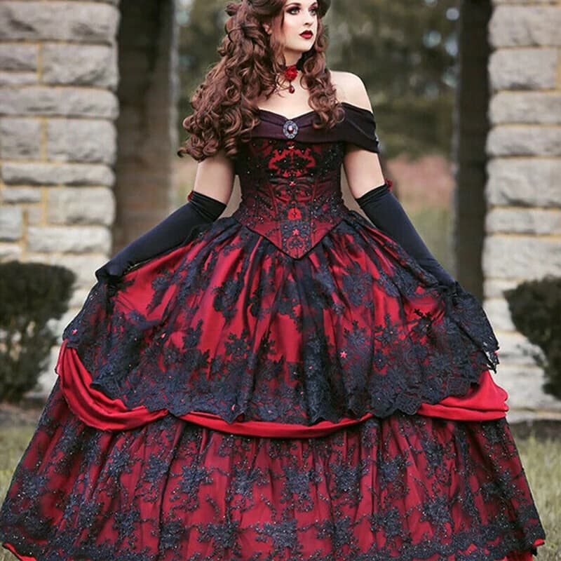 Robe de Mariée Gothique Médiévale Bordeaux et Noire, Personnalisée, Manches sulf, Appliques en Dentelle, Victorienne, pour Patients Tim Masade