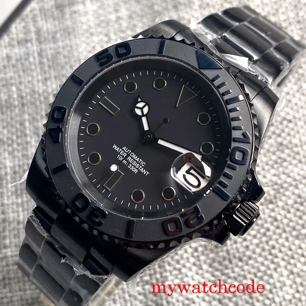 Montre-bracelet automatique pour hommes, PVD noir, 40mm, NH35AA PT5000, Miyota, Date, cadran stérile noir, aiguilles Merc, verre saphir rotatif