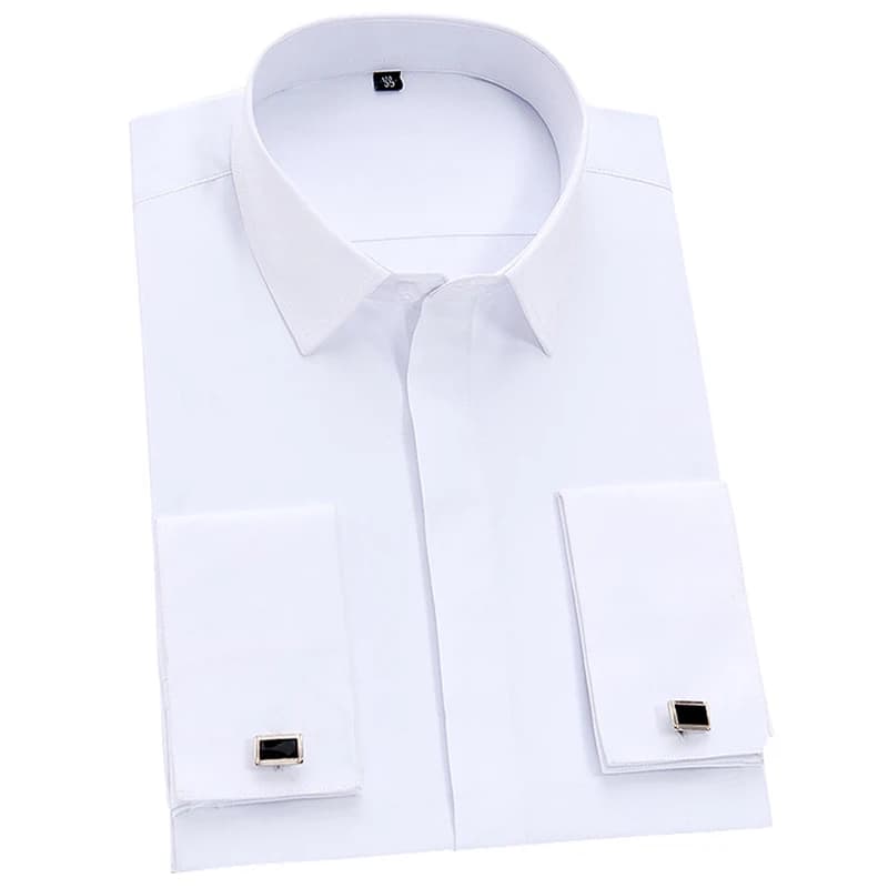 Chemise de smoking à manches longues pour hommes avec boutons de manchette, boutonnage recouvert, blanc, classique, français, bureau, travail, robe
