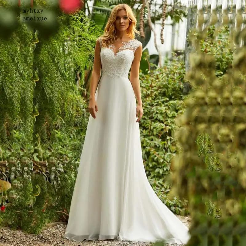 Robe de mariée bohème à col rond avec appliques en dentelle, robe de mariée princesse vintage, jupe en mousseline de soie, robe de mariée de