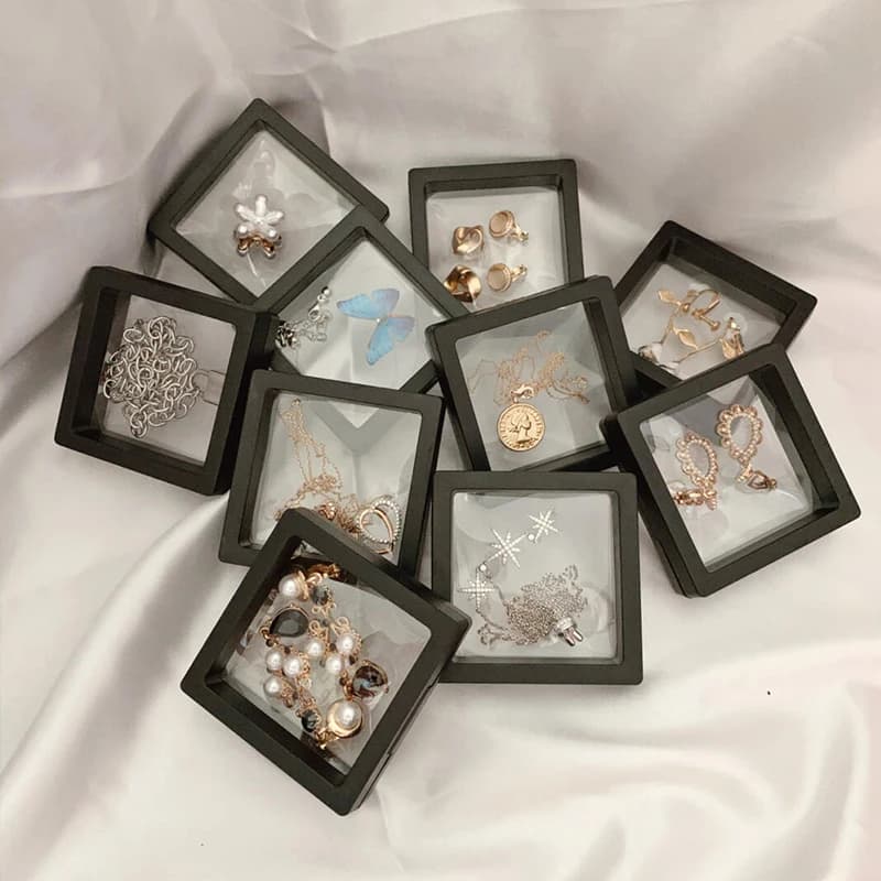 Boîte de présentation de bijoux transparente, 10 pièces/lot, étui pour bague, collier, Bracelet, cadre carré flottant 3D organisé, Collection de