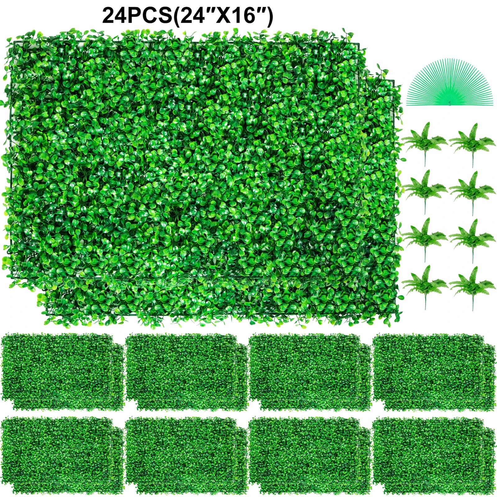 SucceBuy Panneaux de buis artificiel 24 pièces 20x20/24x16 pouces, Panneaux muraux de haie en buis, Mur de fond en gazon artificiel, Gazon vert