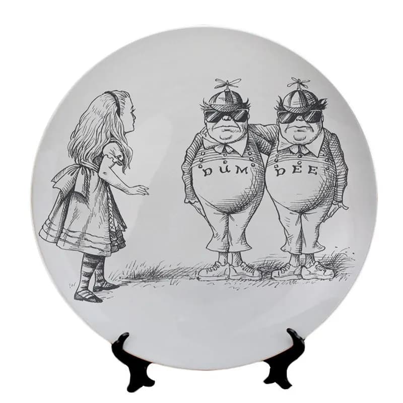 Plateau Alice au pays des merveilles, assiette Vintage peinte à la main, croquis de dessin animé noir et blanc, sous-verres en céramique, Design de