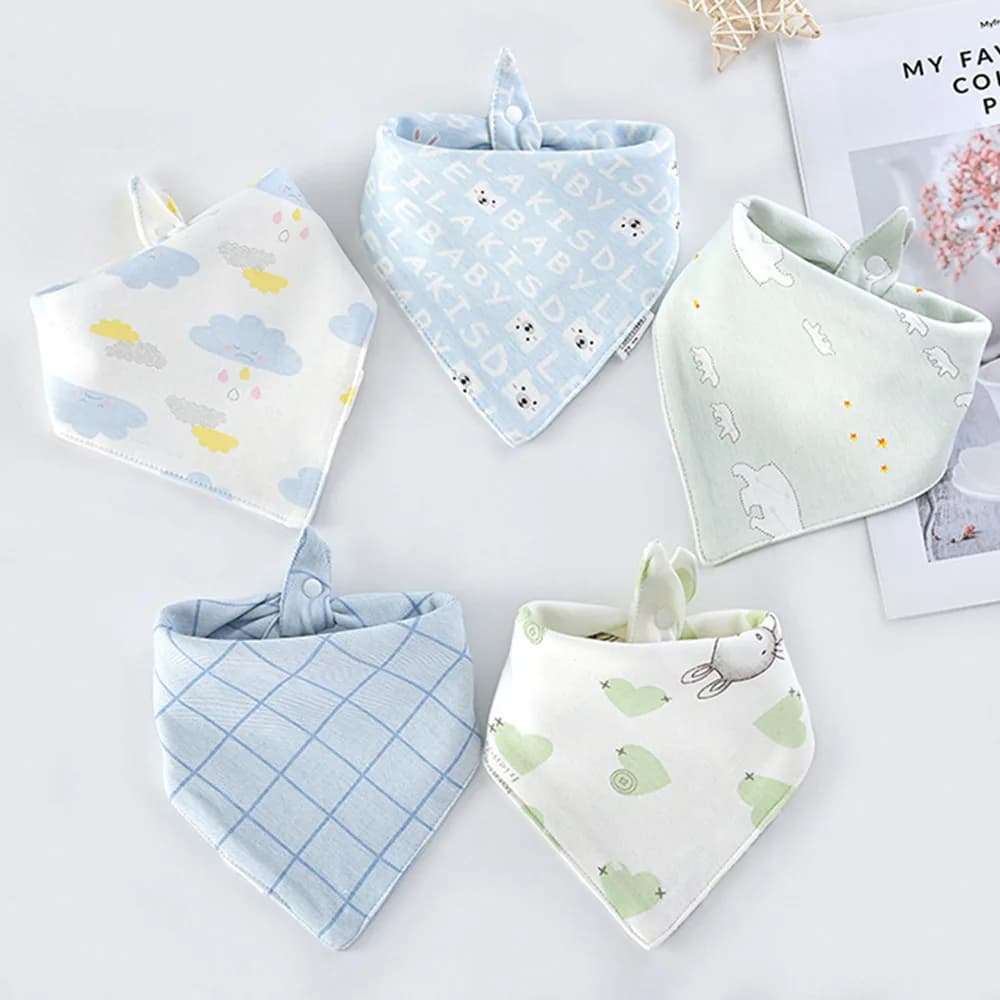 Lot de 5 bavoirs triangulaires en coton double pour bébé, imprimés de dessins animés, serviettes anti-salive, bavoirs d'alimentation pour bébés