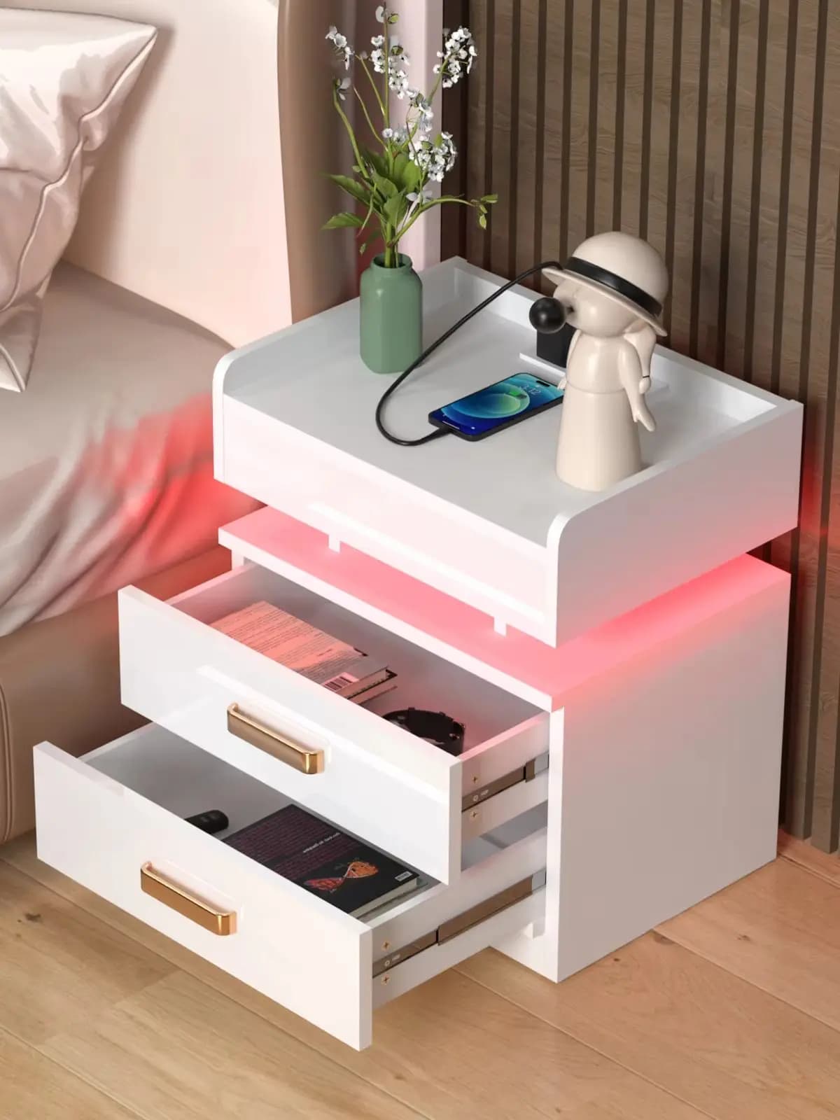 Table de chevet LED avec station de charge, table de nuit intelligente avec 16 couleurs, table d'appoint moderne avec 2 tiroirs pour chambre à