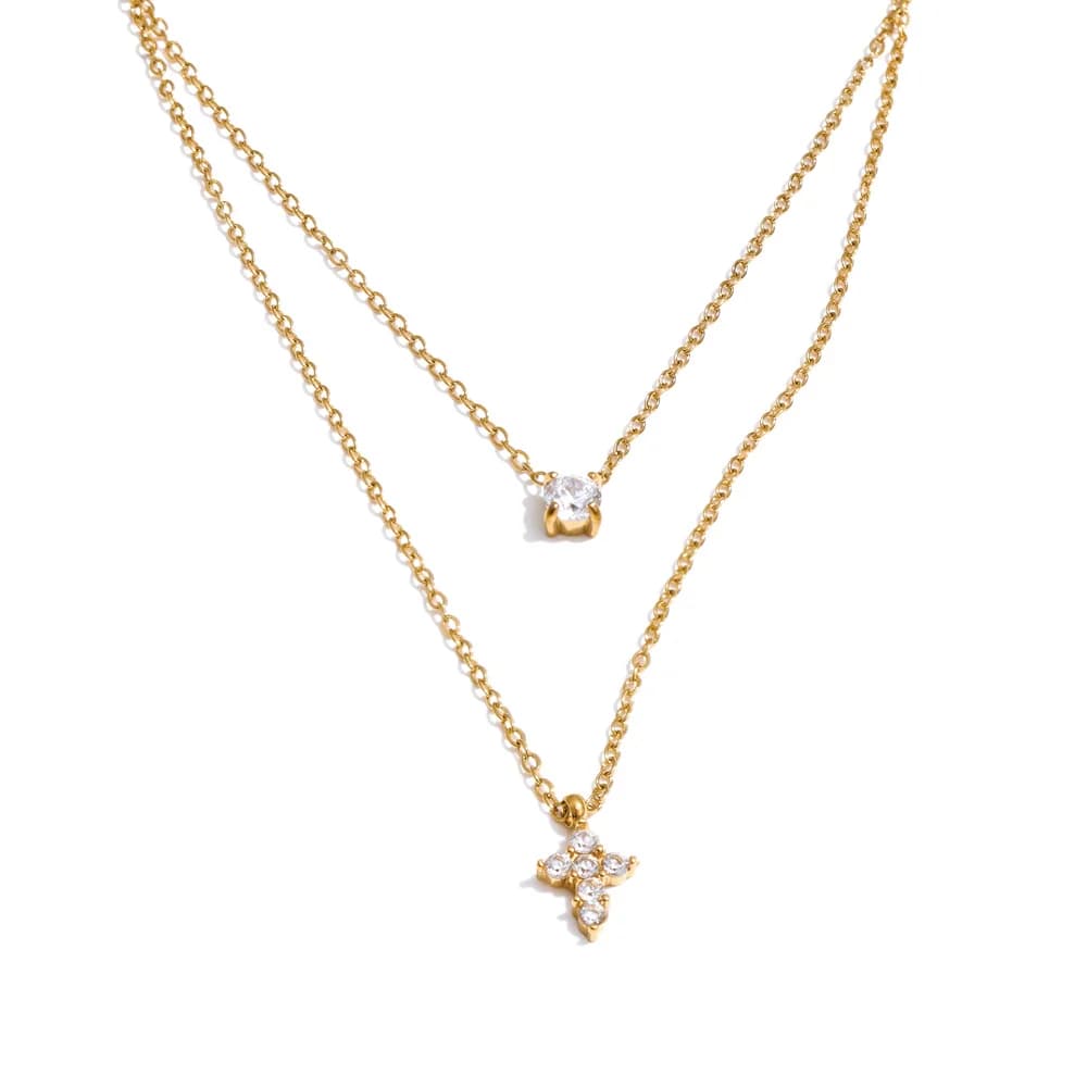 Yhpup haute qualité Double couche chaîne zircone croix pendentif délicat collier en acier inoxydable tempérament mode cadeau bijoux