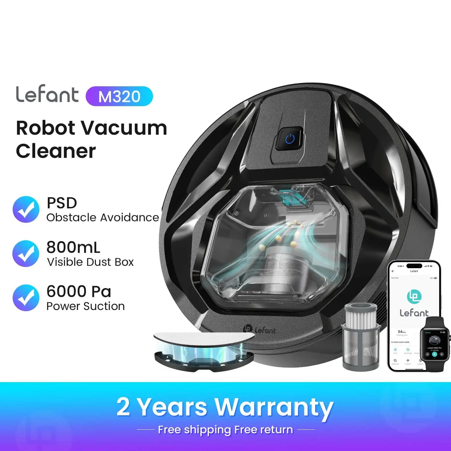 Lefant M320Aspirateur robot, puissance d'aspiration de 6000 Pa, robot de nettoyage intelligent avec système PSD d'évitement d'obstacles, idéal pour
