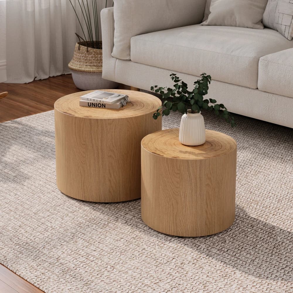 Lot de 2 tables basses rondes modernes, tables d'appoint circulaires en bois, tables d'appoint tambour pour salon, bois naturel avec anneau d'arbre