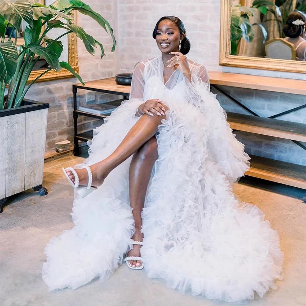 Robes de Patients Blanches Personnalisées pour Photoshoot, en Tulle Bouffant, à Manches sulf, Maxi, Vêtements de Nuit pour Mariée