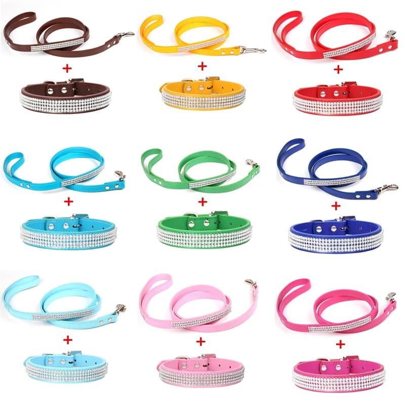 Nouveau Diamand Pu cuir chien collier et laisse Bling strass collier animaux de compagnie marche mène pour petit moyen chien fournitures pour animaux