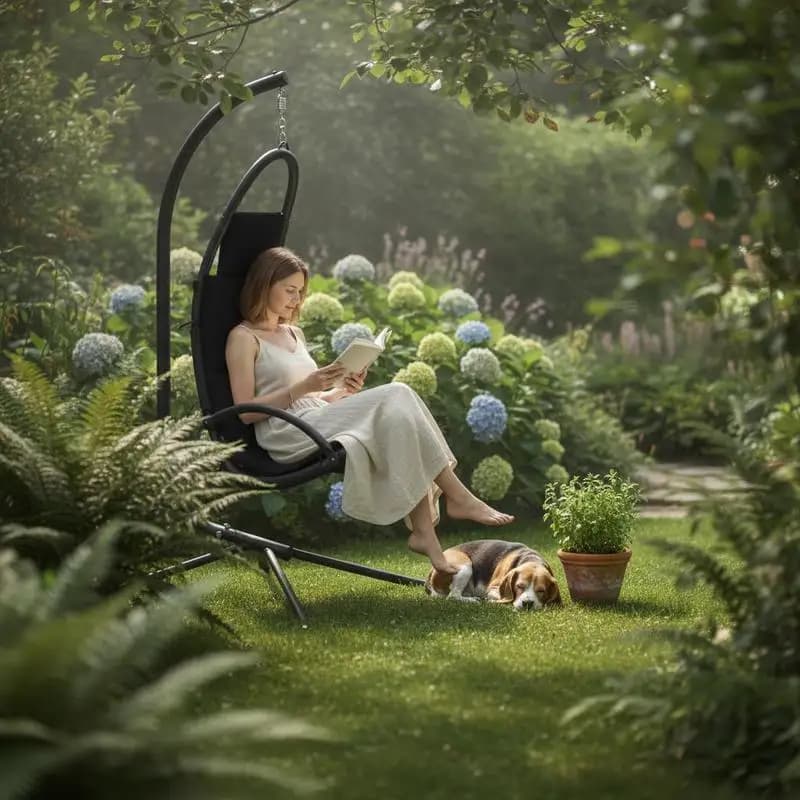 Chaise hamac suspendue pour usage extérieur avec coussin rembourré – Tissu Oxford et structure en acier thermolaqué