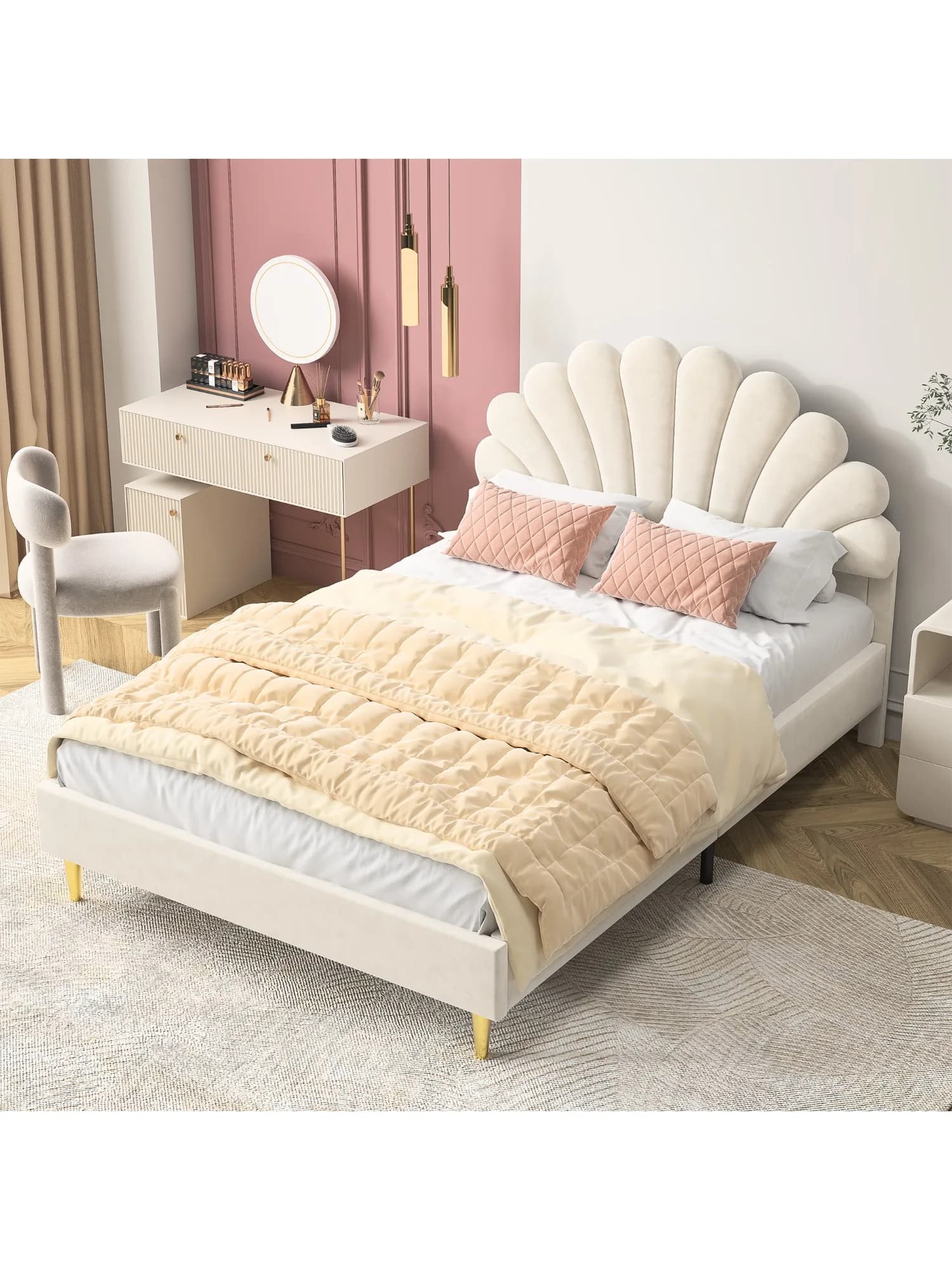 Anajqaqia Lit enfant 90×200/140×200 cm, lit double rembourré, avec tête de lit en forme de fleur et sommier à lattes, velours