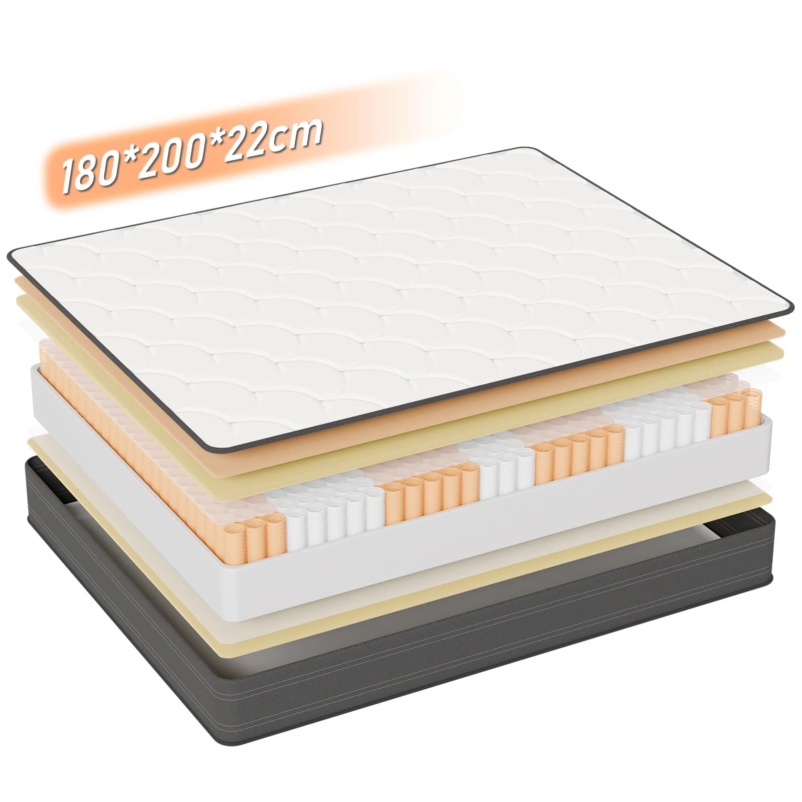 Matelas à ressorts ensachés 180 × 200 × 22 cm - matelas 7 zones avec mousse confort et support stable H4