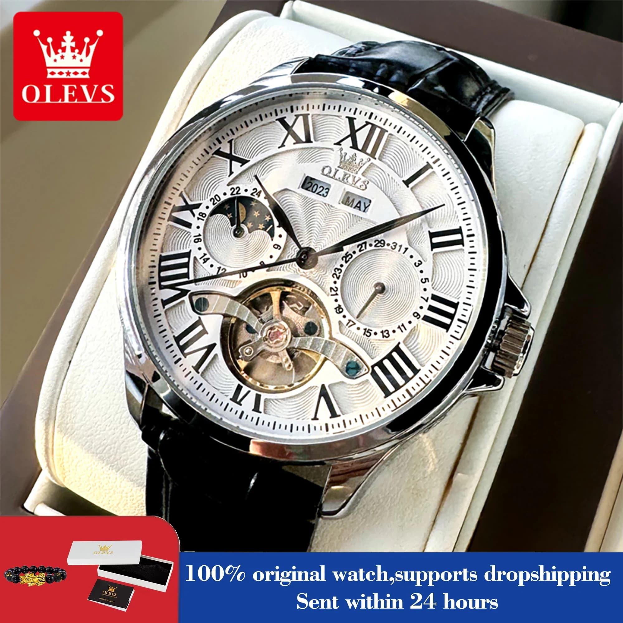 OLEVS 7013 montre pour hommes mode Phase de lune montre mécanique pour hommes étanche échelle romaine volant creux horloge à main automatique