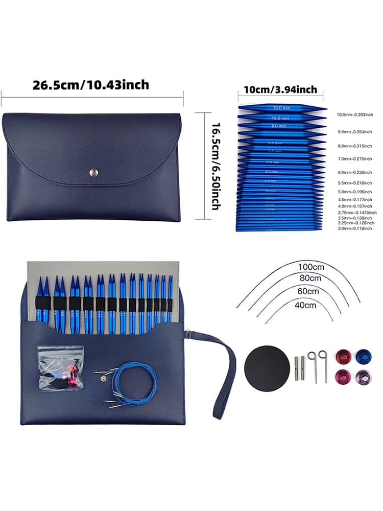 Un ensemble de 39 outils de tricot, en oxyde d'aluminium bleu, détachables, avec têtes et cordons interchangeables, aiguilles circulaires pour