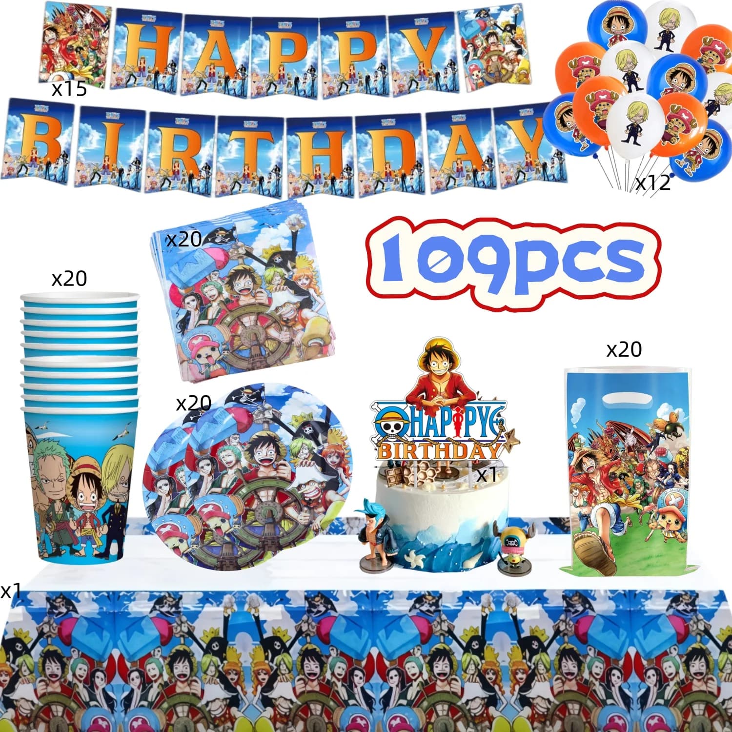 Ensemble de décoration de fête d'anniversaire One Piece pour enfants, vaisselle, nappe, gobelets, assiettes, serviettes, sacs, kits de cadeaux pour