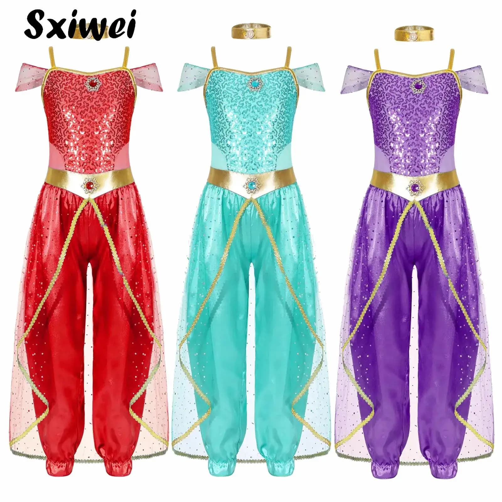 Costume d'Halloween Jasmines pour filles, paillettes brillantes, princesse arabe, combinaison fantaisie Cosplay avec tour de cou pour spectacle de