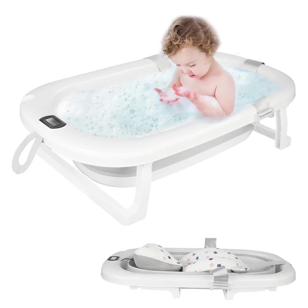 Grand Baignoire Pliable Bébé avec Thermomètre à Eau, Coussin, Baignoire Bébé avec Prise Pommeau de Douche, Baignoire Bébé Pliable pour les