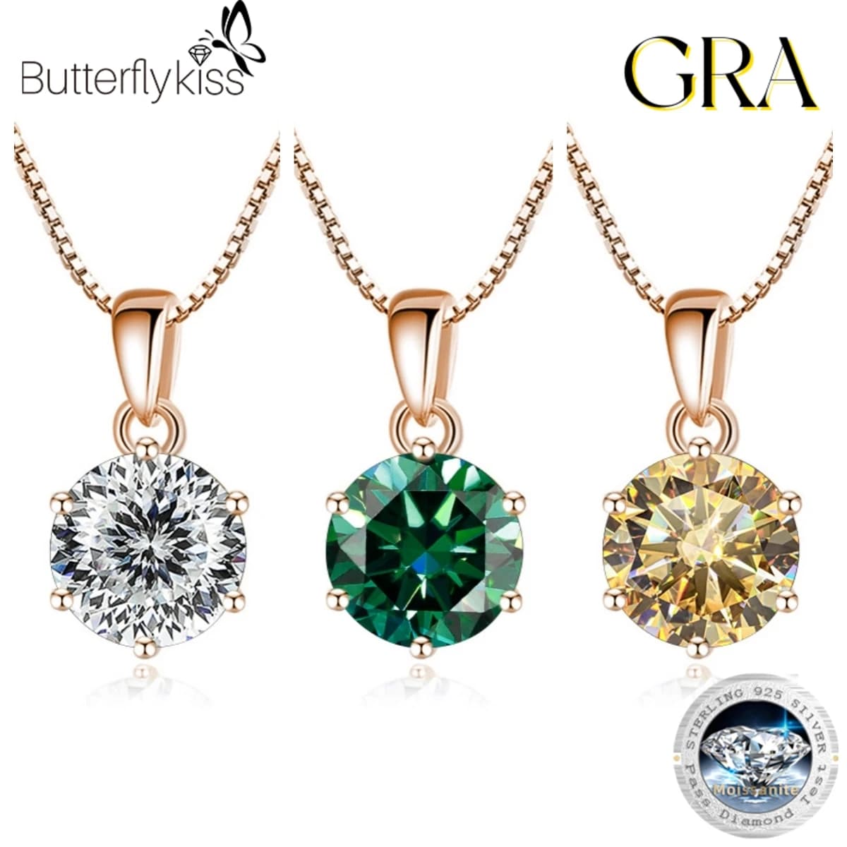 Butterflykiss 6.5mm 1.0 Carat D Moissanite colliers plaqué or Rose pendentif Original réel S925 argent chaîne bijoux pour les femmes