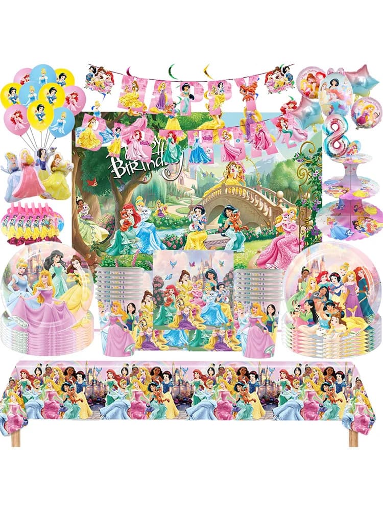 Vaisselle de fête d'anniversaire princesse rose, serviettes, nappe, gobelets, assiettes, ballons, décoration de fête d'anniversaire pour filles,