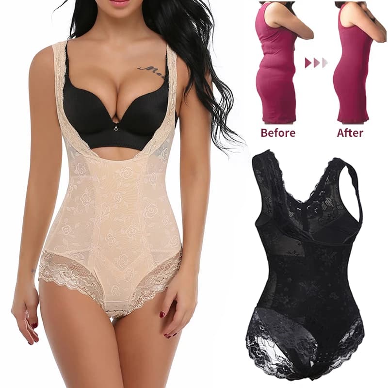 Body Shapewear en dentelle florale pour femmes, contrôle ferme du ventre, plus mince, buste ouvert, dos nu, rehausseur de fesses, sous-vêtements