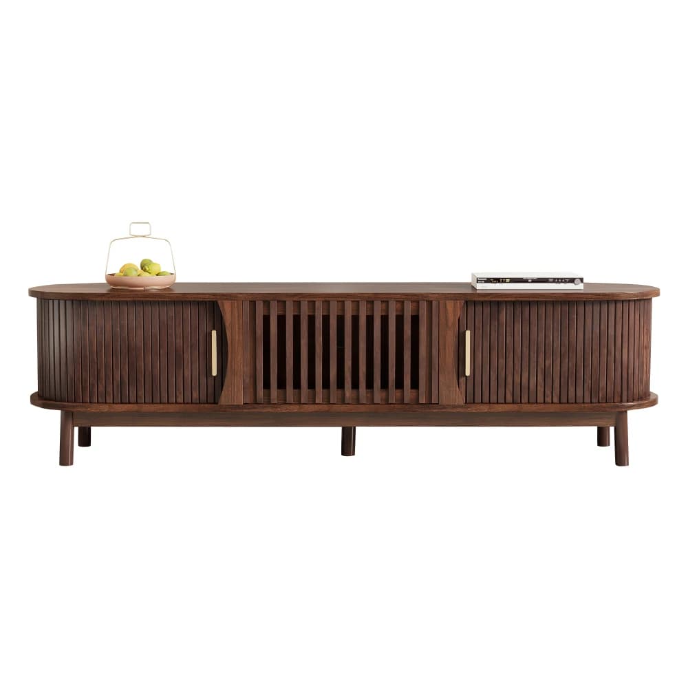 Meuble TV moderne en bois de noyer avec portes d'entrée et d'armoire à lattes – Console multimédia de salon élégante 165 x 39,5 x 46 cm