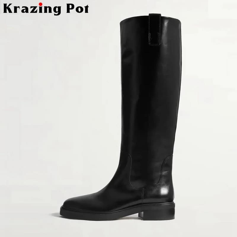 Krazing Pot-Bottes équestres en cuir de vache, grande taille 44 45, chaussures rondes, à enfiler, à hauteur du genou, talons temporels,