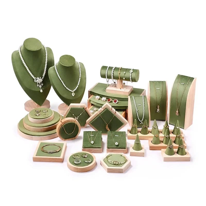 Présentoir de bijoux en velours vert en bois massif, présentoir pour bagues, colliers, pendentifs, bracelets, rangement et présentoir