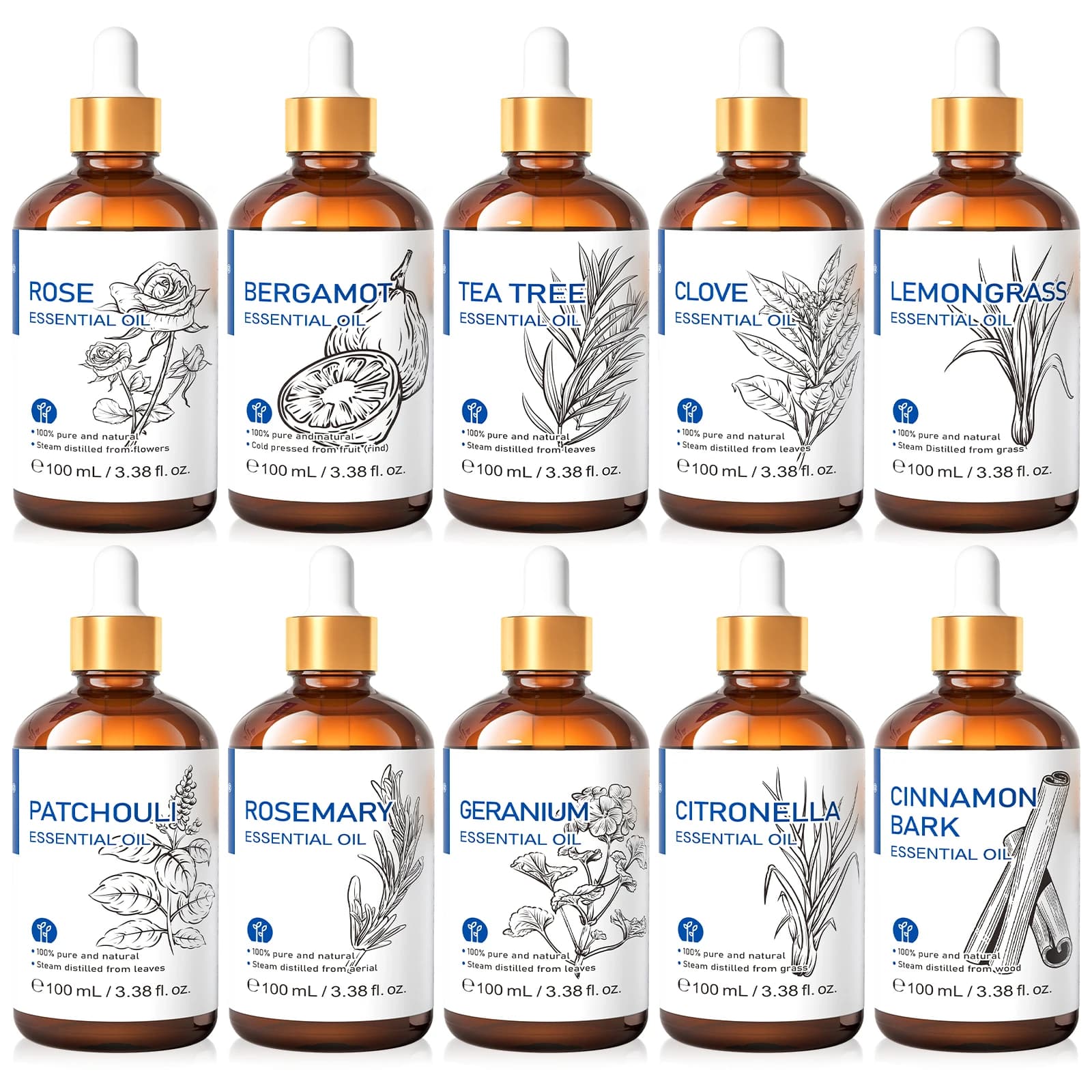 HIQILI Huile essentielle naturelle 100 ml, Géranium/Arbre à thé/Romarin/Rose/Vanille/Lavande/menthe poivrée, utilisée pour les